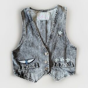 Vintage CENTZ Size Small Faded Black Denim Embellished Motorcycle Vest USA Made